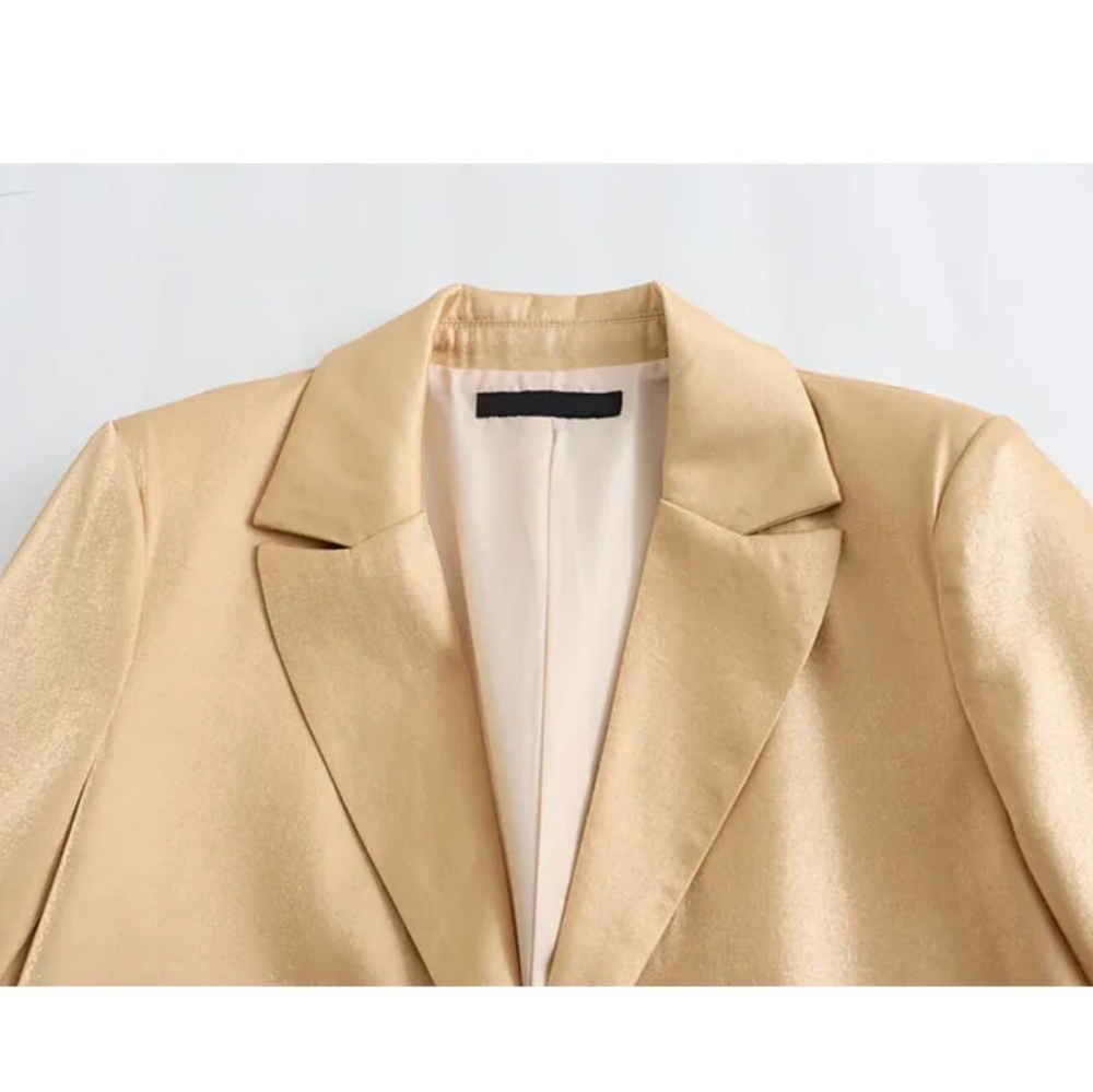 Blazer Tops Gold Turn-Down Collar Long Sleeves Pockets Single Breasted Female - Picture 3 of 9